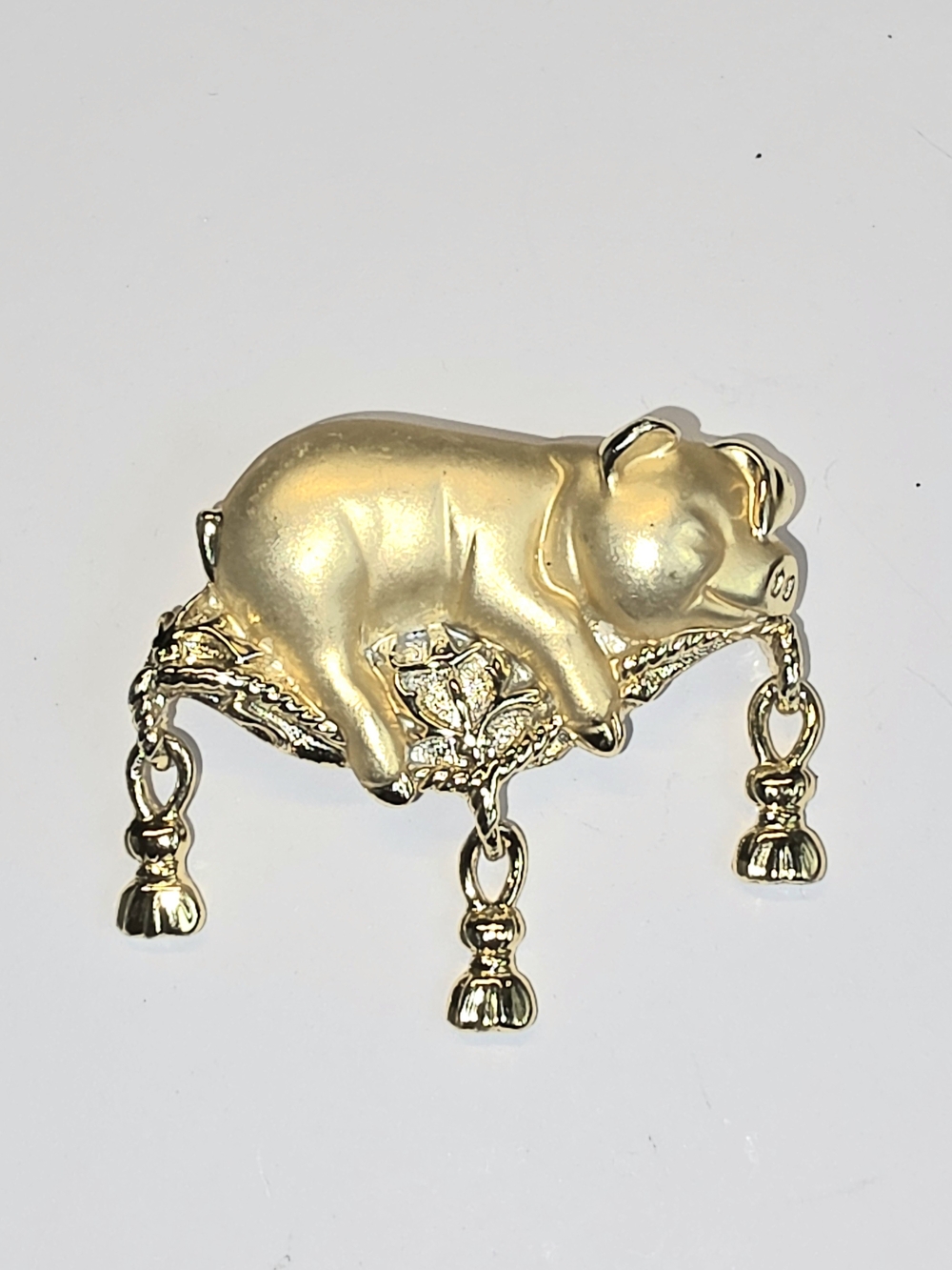 Signed AJC Sleeping Pig On Tasseled Pillow Gold Toned